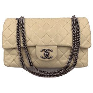 Authentic Chanel Beige Calfskin Flap Shoulder Bag